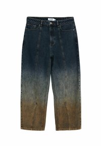 Farmernadrág, amely sötétkéktől világosbarnáig terjedő színátmenettel rendelkezik, egyenes szárú szabással, öt zsebbel és kontrasztos varrással.