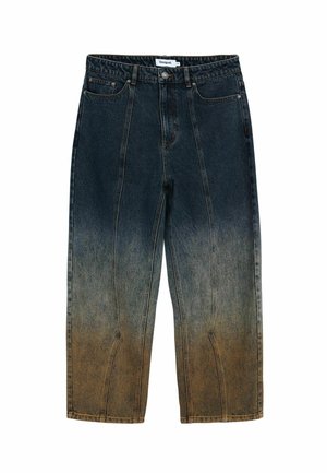 Denim jeans featuring a gradient from dark blue to light brown, with a straight-leg cut, five pockets, and contrasting stitch detailing.
