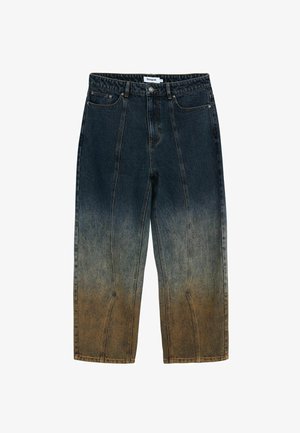 Denim jeans featuring a gradient from dark blue to light brown, with a straight-leg cut, five pockets, and contrasting stitch detailing.