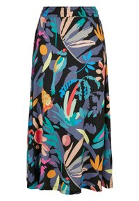 Svart maxiskjørt med et livlig blomster- og fuglemønster i forskjellige farger, med elastisk liv og en flytende design.