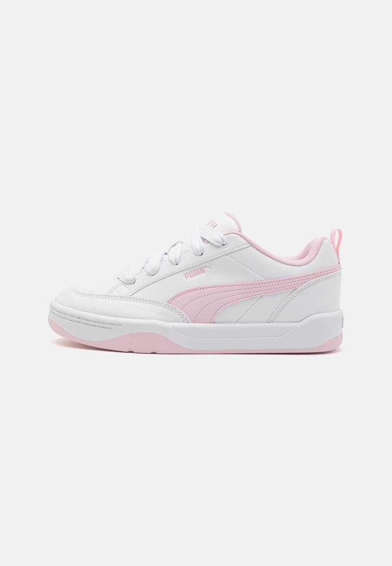 White athletic shoe with pink accents, featuring a smooth synthetic upper, round toe, padded collar, and white sole with pink detailing.