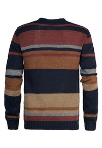 Gebreide trui met horizontale strepen in donkerblauw, rood, beige en grijs. Geribbelde manchetten en kraag, textuur in het stofontwerp.