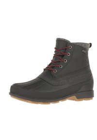 Stivali waterproof neri con parte superiore in gomma, colletto in feltro grigio, lacci rossi e suola testurizzata per trazione. Eleganti cuciture che accentuano il design.