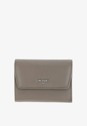 Portefeuille en cuir gris avec fermeture à rabat, équipé d'une quincaillerie argentée portant le logo "PICARD 1928", texture lisse et bords cousus.