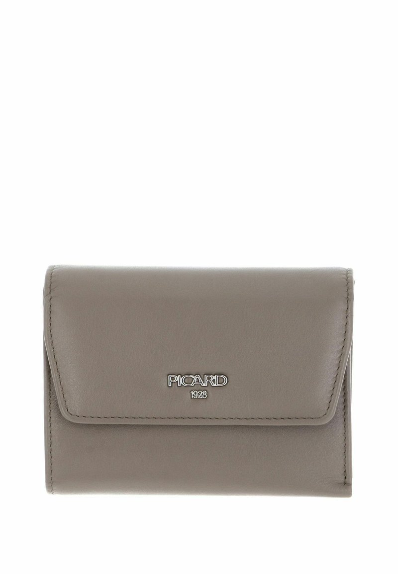 Portefeuille en cuir gris avec fermeture à rabat, équipé d'une quincaillerie argentée portant le logo "PICARD 1928", texture lisse et bords cousus.