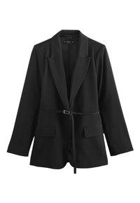 Black blazer jacket with a fitted design, elongated sleeves, side pockets, and a belted waist detail. Smooth fabric texture.