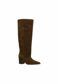 Tall brown suede boot with block heel and pointed toe, displayed against a white background.