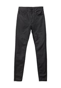 Černé slim-fit džíny vyrobené z denimu, obsahující pět kapes, zipový klín a jemné švy. Hladká textura, minimální kovové doplňky.