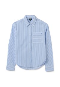 Camicia a maniche lunghe a righe verticali blu e bianche con bottoni frontali, taschino sul petto con righe orizzontali e colletto a punta.
