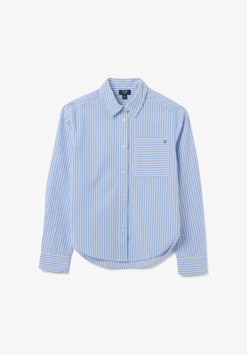 Blue and white vertically striped long-sleeve shirt with front buttons, chest pocket with horizontal stripes, and pointed collar.