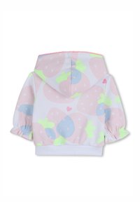 Φούτερ με κουκούλα σε παστέλ ροζ ύφασμα με στάμπα από φράουλες σε μπλε και πράσινο, με κυματιστό ροζ τελείωμα και φουσκωτά μανίκια.