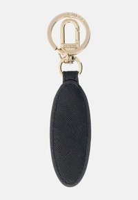 Portachiavi nero testurizzato con corpo ovale e clip in metallo dorato. Nome del marchio "GUESS" impresso sulla clip. Materiale liscio e resistente.