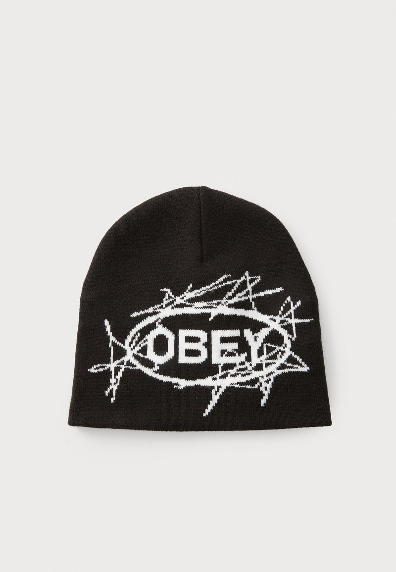 Black knit beanie featuring a white logo surrounded by a barbed wire graphic, creating a textured pattern. Soft material with a snug fit.