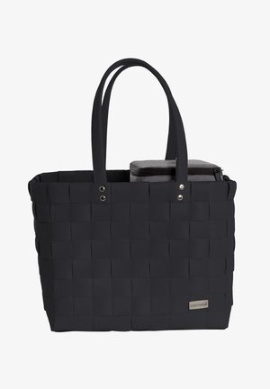 Black woven tote bag with two handles. Features a textured design, silver hardware accents, and an inner gray zippered pouch.
