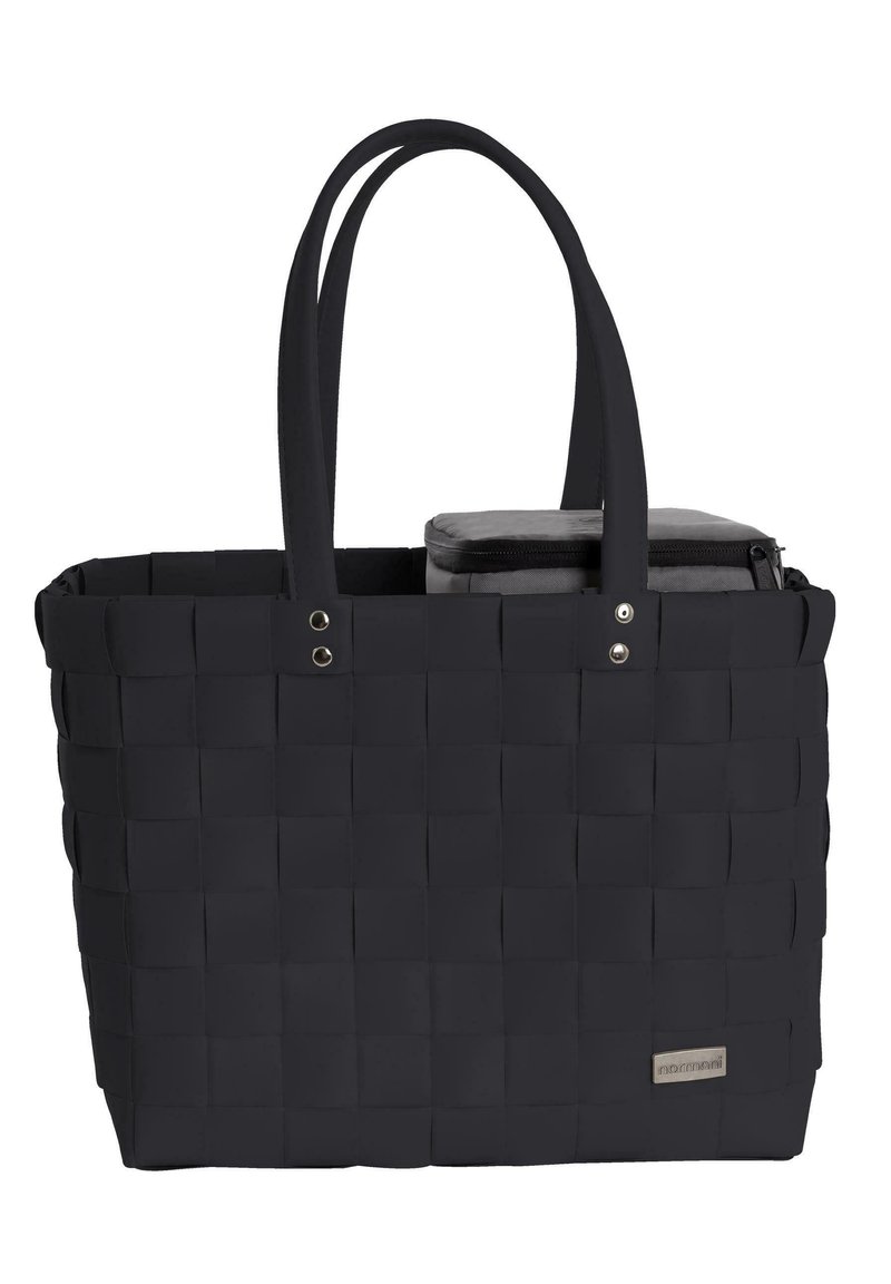 Black woven tote bag with two handles. Features a textured design, silver hardware accents, and an inner gray zippered pouch.
