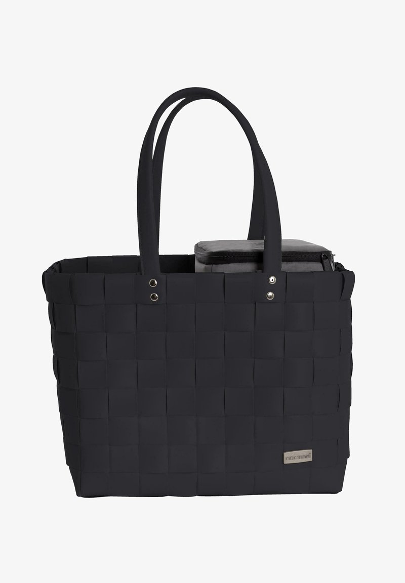 Black woven tote bag with two handles. Features a textured design, silver hardware accents, and an inner gray zippered pouch.