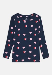 Marineblauseshirt mit langen Ärmeln aus Baumwolle, mit einem Allover-Muster aus pinken und roten Herzen in verschiedenen Größen. Runder Halsausschnitt und weicher Textur.