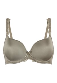 Beige gevoerde beha met kanten accenten langs de bandjes en het midden. Soepele stof met een lichte glans en een delicaat strikdetail in het midden.