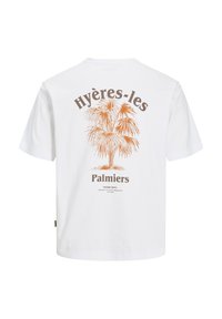 Weißes T-Shirt mit kurzen Ärmeln, orangefarbenem Palmenmotiv und dem Text "Hyères-les Palmiers" sowie kleinem schwarzem Markentext auf der Mitte der Rückseite.