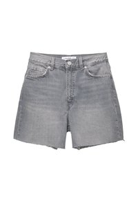 Shorts en jean gris avec bouton et fermeture éclair à l'avant, passants pour ceinture, deux poches avant et bords d'ourlet effilochés.