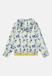 Giacca a vento leggera con cappuccio caratterizzata da un mix di modelli astratti blu, gialli e verdi su uno sfondo traslucido, con un orlo giallo.