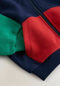 Reißverschlussjacke mit dunkelblauen, roten und grünen Farbblockelementen. Weicher Stoff mit gerippten Bündchen und detaillierter Nahtverarbeitung. Glatte Textur.