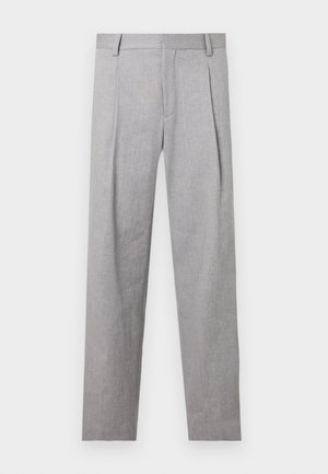 Grå skræddersyede bukser med en struktureret stof, der har folder, lige ben og et klassisk taljedesign.