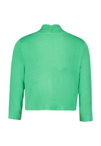Pull vert raccourci avec des manches trois-quarts, texture douce et col montant. Aucun motif ni matériel visible.