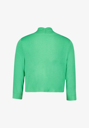 Geknipte groene trui met driekwartmouwen, zachte textuur en een neklijn van het soort zonder zichtbare patronen of hardware.