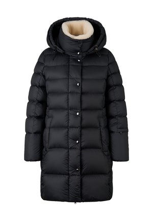 Schwarze Daunenjacke mit Kapuze, ausgestattet mit einem Kunstfellfutter, Druckknöpfen und einem gesteppten Design in mittellanger Ausführung.