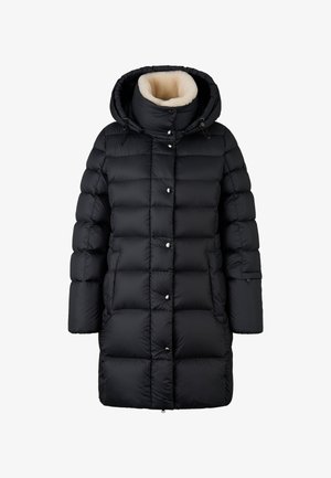 Zwarte pufferjas met capuchon, voorzien van een faux fur voering, drukknoopsluiting en een geborduurd ontwerp met een middellange snit.