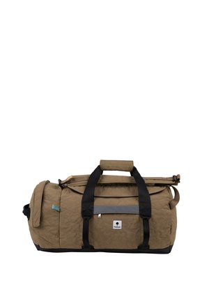 Sac de voyage matelassé marron avec poignées noires, une fermeture éclair supérieure, une poche latérale et une petite étiquette « Faguo » à l'avant.