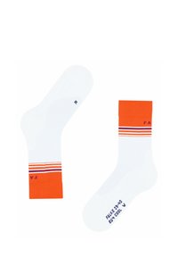 Weiße Socken mit einem orangefarbenen Bündchen, die horizontale Streifen in verschiedenen Orangetönen und Lila aufweisen. Enthält Größen- und Markeninformationen.