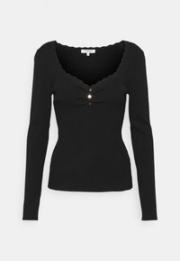 Schwarzes, geripptes Langarmshirt mit wellenförmigem Ausschnitt und dreiknöpfigem Detail vorne; taillierte Passform.