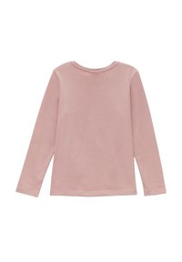 Helles rosa, langärmeliges T-Shirt mit runder Halslinie, aus weichem Baumwollstoff, schlichtes Design und Standardnähte entlang des Saums und der Ärmel.