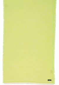 Lichtgroene sjaal van zacht materiaal, met franjes aan de randen en een subtiele textuur. Merklabel aan de rechteronderhoek.