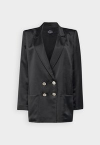Blazer doppiopetto in satin nero con rever a lancia, due tasche frontali e bottoni in tonalità argento. Texture liscia; vestibilità su misura.