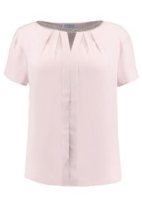 Ljusrosa kortärmad blus med en plisserad design och en glittrande dekorerad halsringning, med en vertikal framtill och mjukt tyg.