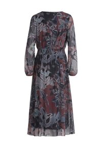 Flödande, genomskinlig midiklänning med ett färgglatt blommönster i nyanser av vinröd och svart, med elastisk midja och långa ärmar.