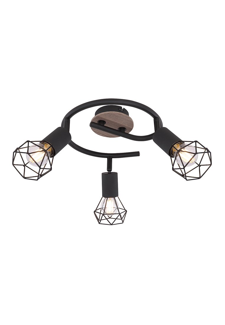Lampadario a soffitto con tre lampadine, paralumi geometrici in metallo nero e base circolare in metallo nero; presenta un accentuazione in legno per creare contrasto.