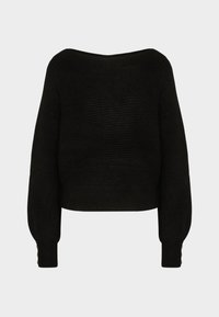 Pull noir court en tissu côtelé, avec manches longues et boutons sur les poignets. Design minimaliste et forme polyvalente.