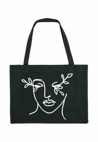 Borsa a tracolla nera con un disegno a linea continua bianca di un volto, caratterizzata da occhi chiusi e rami fogliosi che si estendono dall'area degli occhi.