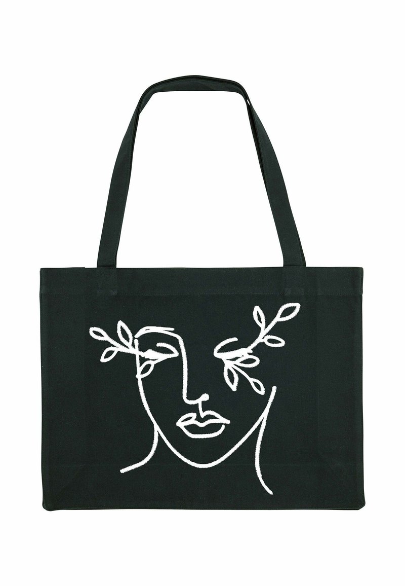 Borsa a tracolla nera con un disegno a linea continua bianca di un volto, caratterizzata da occhi chiusi e rami fogliosi che si estendono dall'area degli occhi.