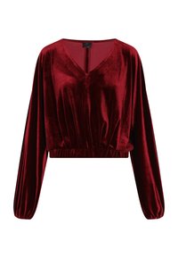 Rød fløjls crop top med V-halsudskæring, lange puffærmer og en sammensat talje. Den glatte tekstur og den rige farve forbedrer designet.