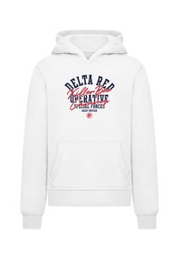 Weißer Kapuzenpullover mit einem großen, mehrfarbigen Grafikdruck und dem Text: "DELTA RED Killer Bee Operative Special Forces GREAT BRITAIN."