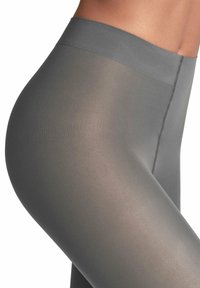 Graue blickdichte Strumpfhosen mit glatter Textur, semi-transparente Ausführung und breitem Bund, die eine enganliegende Passform und keine sichtbaren Nähte zeigen.