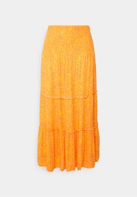 Falda midi en niveles de tejido naranja brillante con un patrón de manchas rosas, que presenta una cintura ajustada y un dobladillo con volantes para añadir textura.