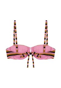 Top de bikini acolchado rosa con tirantes ajustables de rayas en marrón, rosa y negro. Presenta un detalle frontal anudado y un diseño sin costuras.
