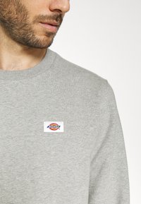 Felpa grigia in cotone con scollo rotondo. Presenta un logo rettangolare ricamato sul petto con accenti rossi e blu.