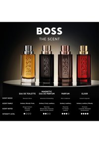 Quattro flaconi di profumo BOSS The Scent in ambra, nero, marrone e rosso con dettagli sulle fragranze e livelli di intensità sotto ogni flacone.